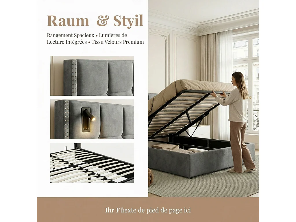 Opberg Bed van 140x200 cm met lattenbodem - 140x200 cm volwassenen bed met led- en usb-aansluitingen - opbergbed in de aanbieding - fluwelen stof - grijs