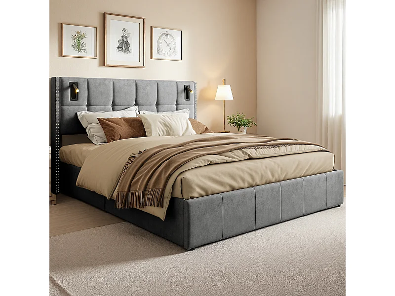 Lit coffre 140x200 cm avec sommier à lattes - lit adulte 140x200 cm avec LED et USB - lit double 140x200 rangement soldes - tissu en velours - gris
