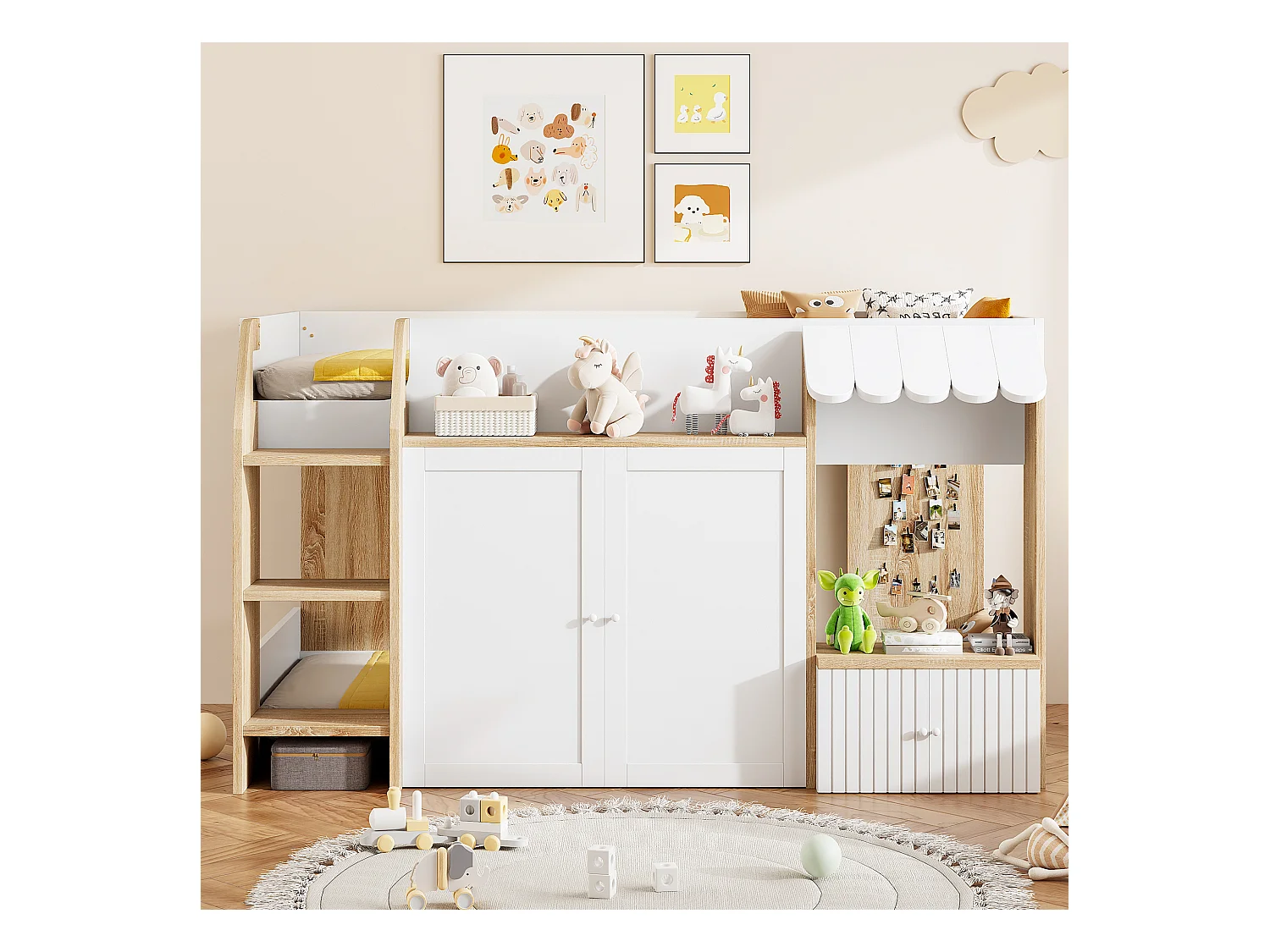 Lit mezzanine enfant mi-hauteur - 90 x 200 cm - avec rangement ouvert + échelle lit - bois - blanc + naturel
