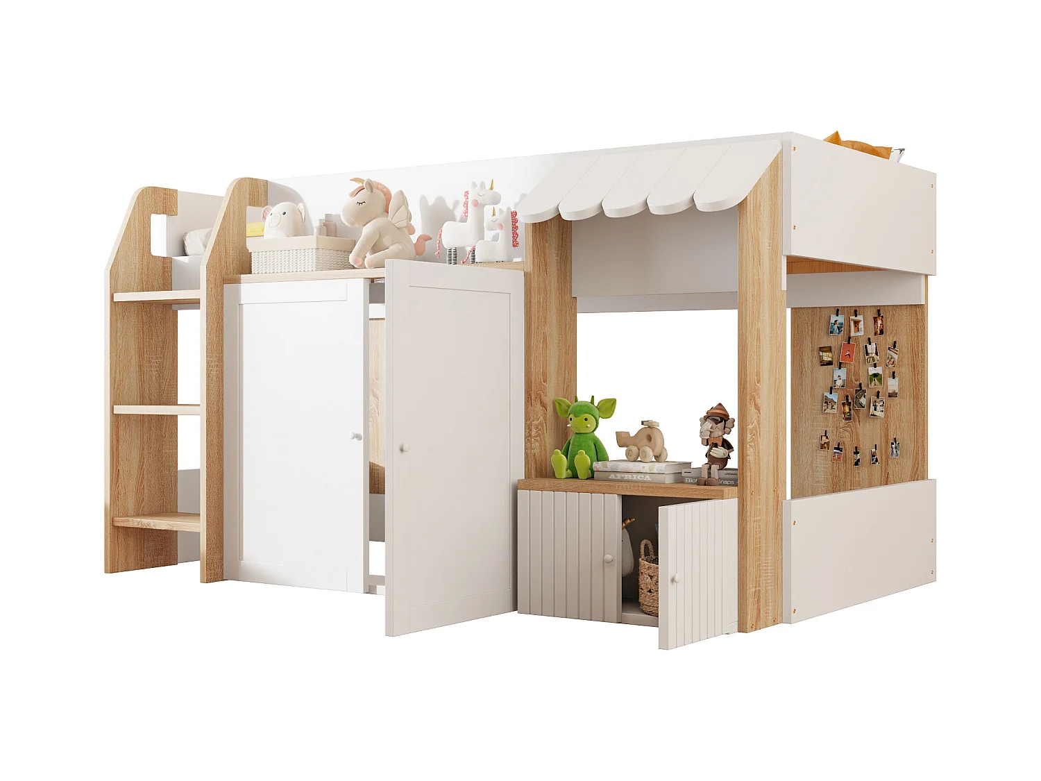 Lit mezzanine enfant mi-hauteur - 90 x 200 cm - avec rangement ouvert + échelle lit - bois - blanc + naturel