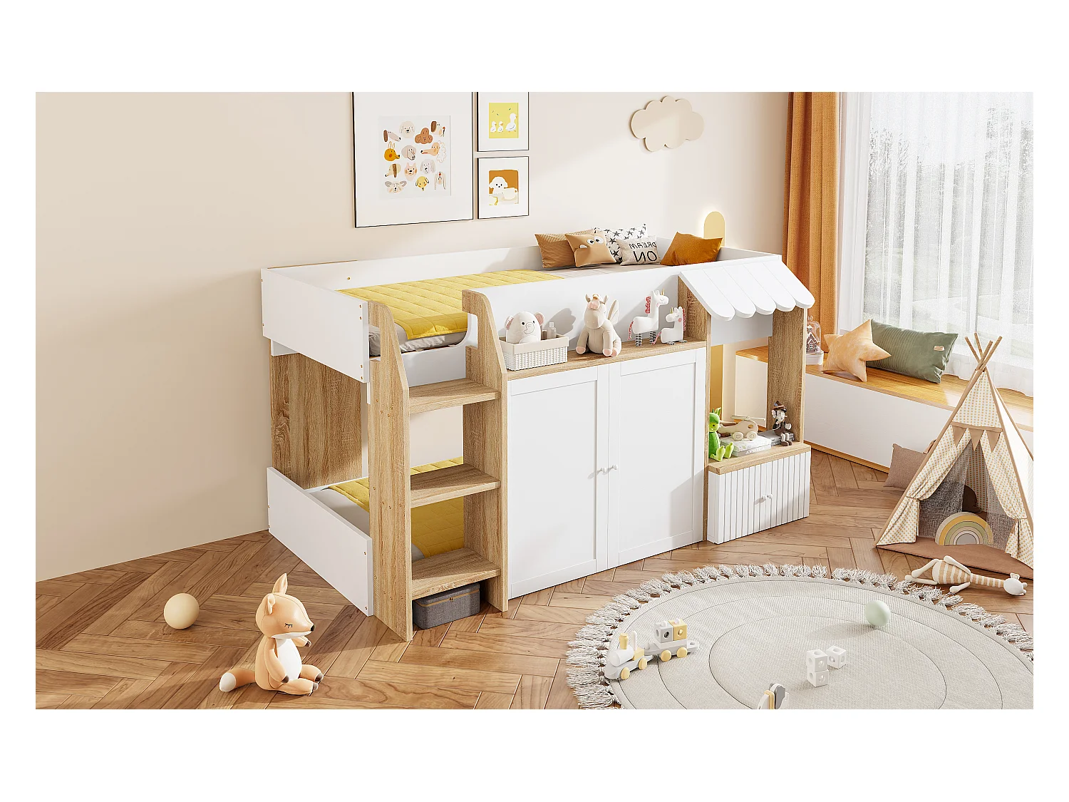 Lit mezzanine enfant mi-hauteur - 90 x 200 cm - avec rangement ouvert + échelle lit - bois - blanc + naturel