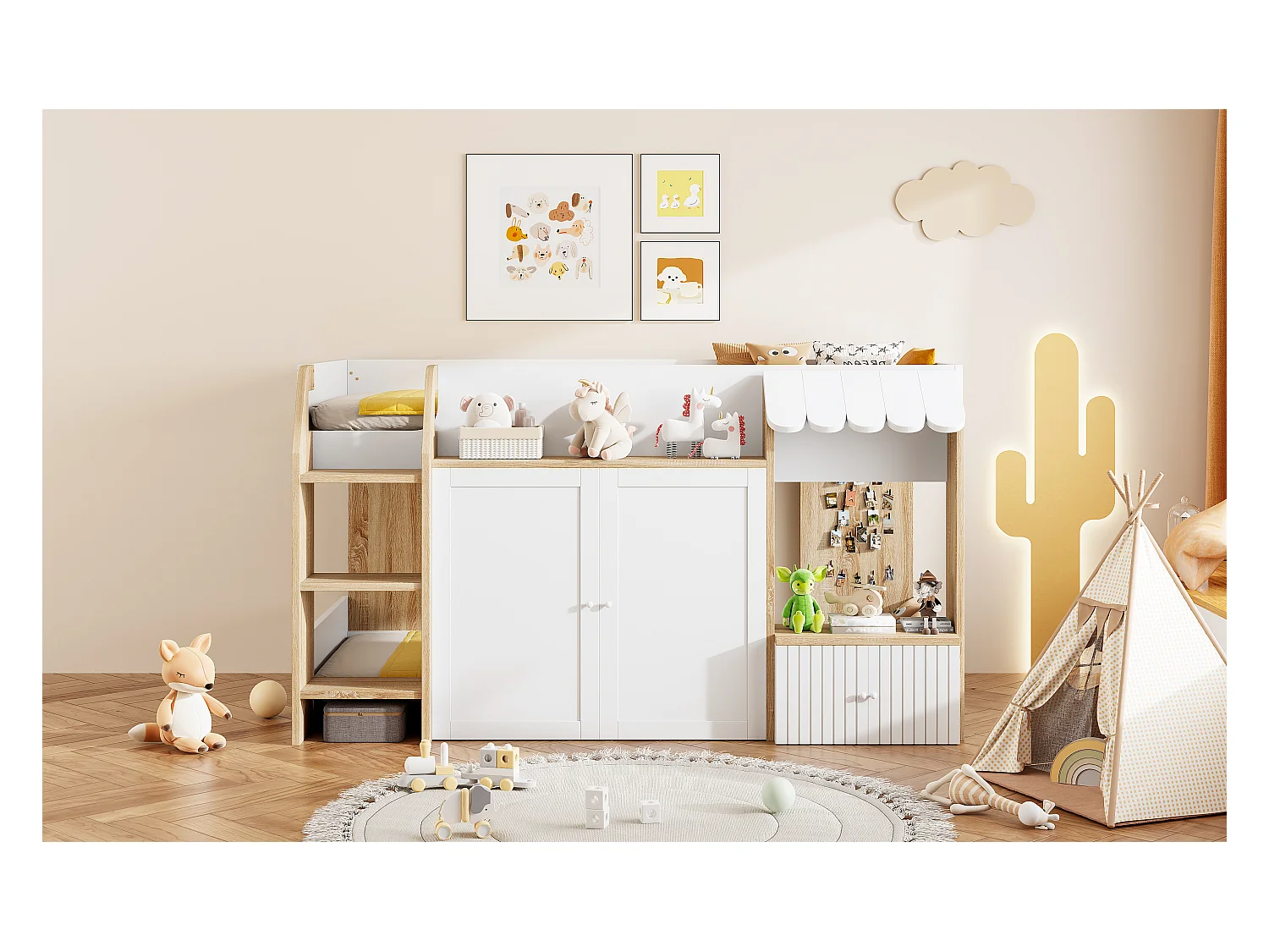 Lit mezzanine enfant mi-hauteur - 90 x 200 cm - avec rangement ouvert + échelle lit - bois - blanc + naturel