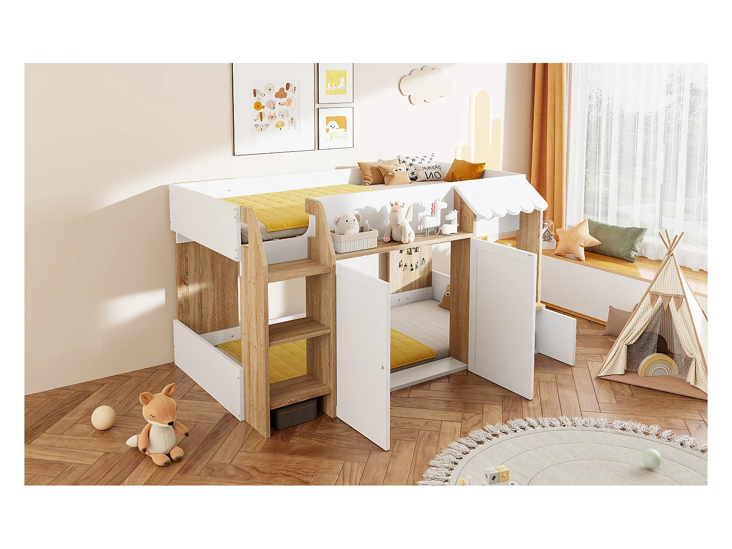 Lit mezzanine enfant mi-hauteur - 90 x 200 cm - avec rangement ouvert + échelle lit - bois - blanc + naturel