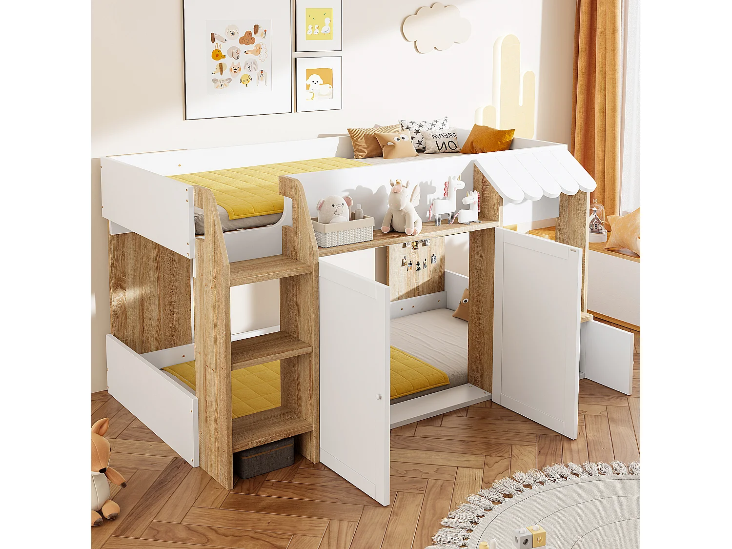 Letto a soppalco per bambini - 90 x 200 cm - con contenitore aperto + scaletta per letto - legno - bianco + naturale