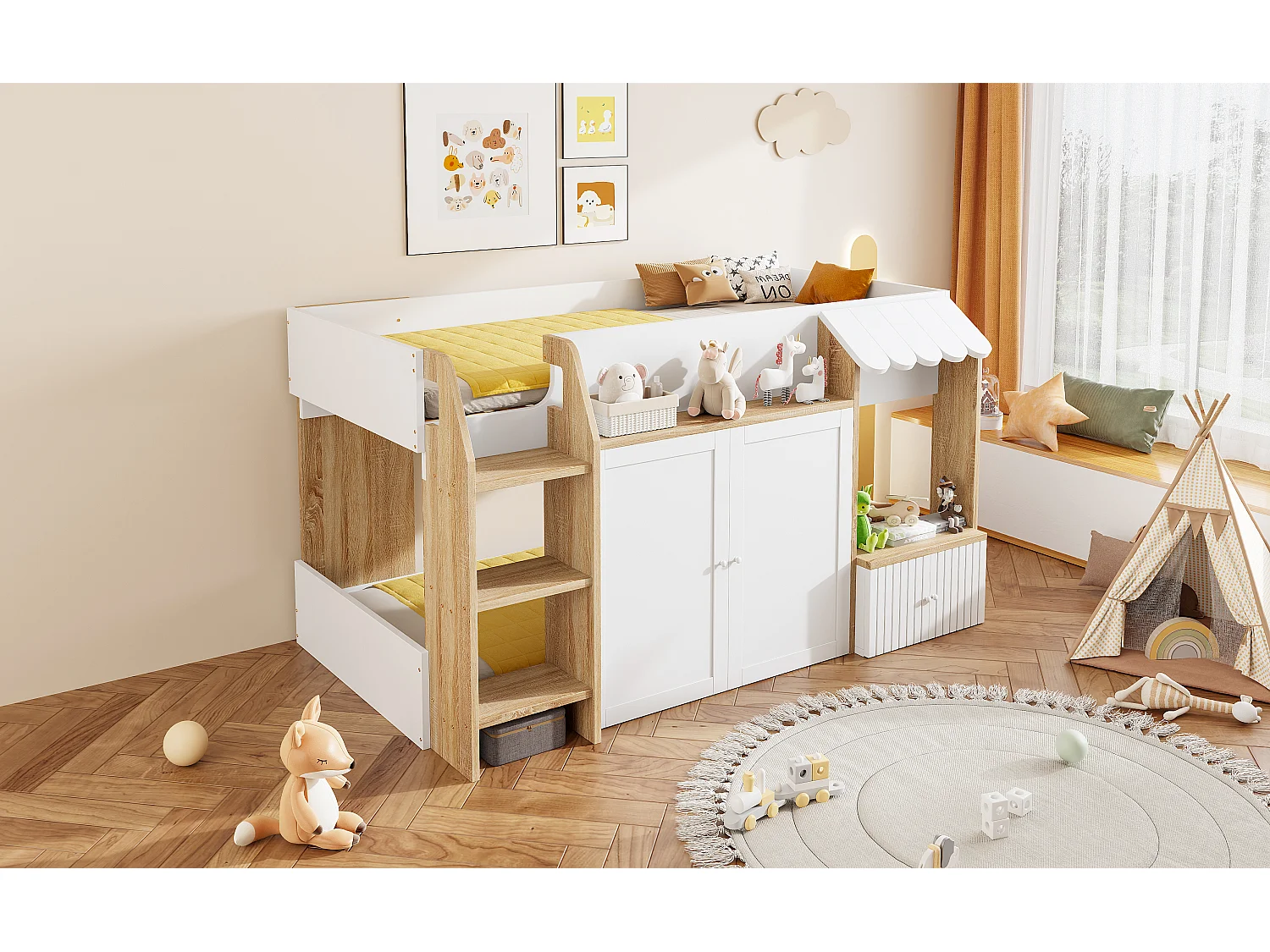 Letto a soppalco per bambini - 90 x 200 cm - con contenitore aperto + scaletta per letto - legno - bianco + naturale