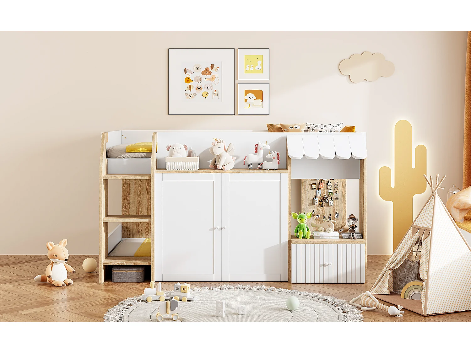 Letto a soppalco per bambini - 90 x 200 cm - con contenitore aperto + scaletta per letto - legno - bianco + naturale