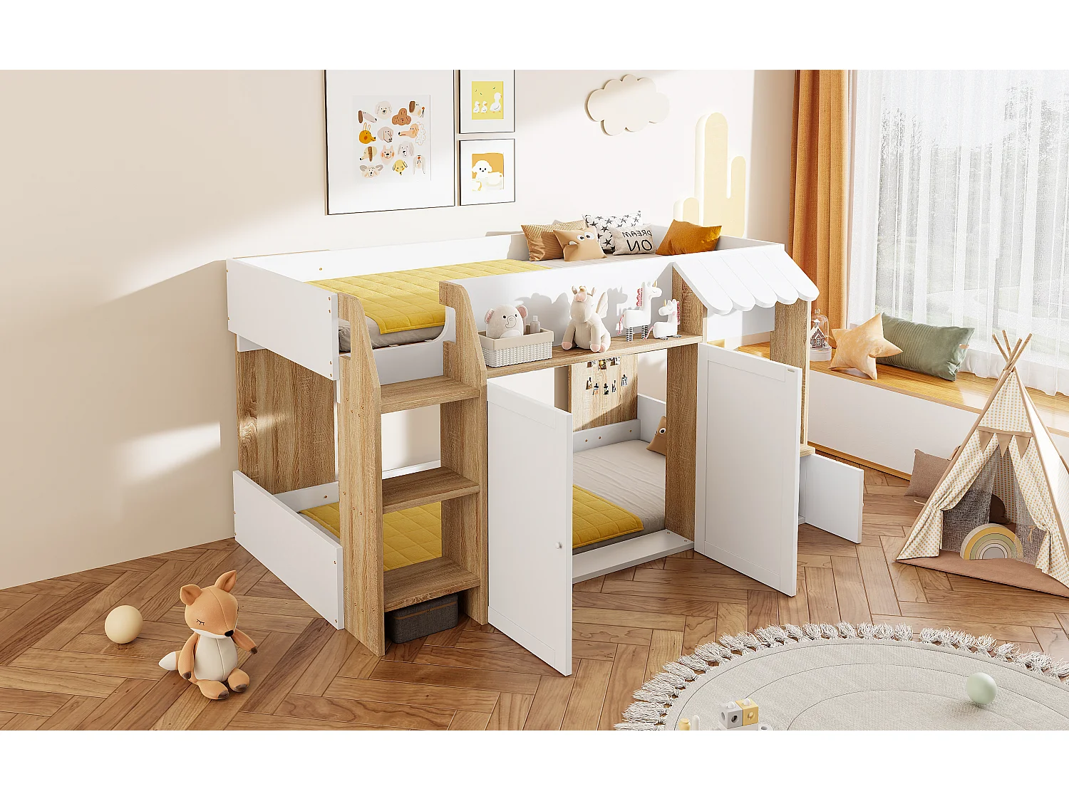 Letto a soppalco per bambini - 90 x 200 cm - con contenitore aperto + scaletta per letto - legno - bianco + naturale