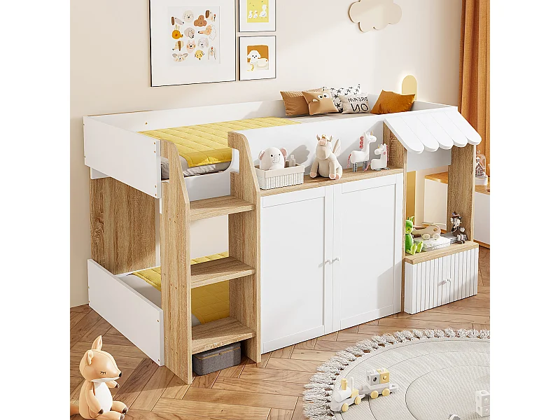 Kinderbed halfhoog - 90 x 200 cm - met open opbergruimte + bedladder - hout - wit + naturel