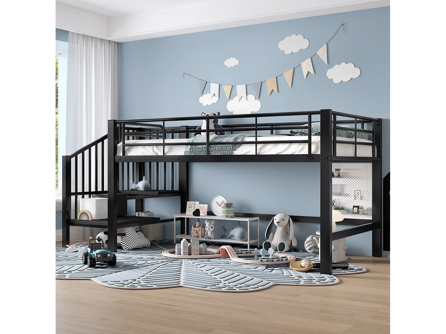 Lit mezzanine mi-hauteur en métal - 90 x 200 - avec escalier de rangement - MDF + métal - noir