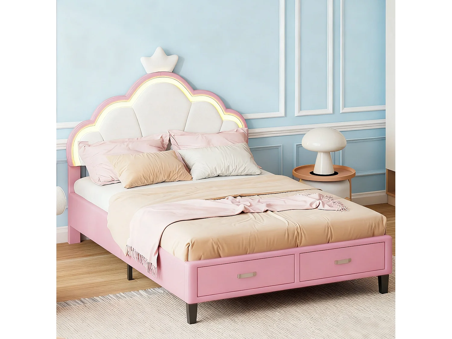 Lit 140x200 cm - lit enfant 140x200 cm - lit double 140 x200 cm - lit fille 140x200 cm avec LED - lit 140x200 cm tissu en velours - blanc et rose