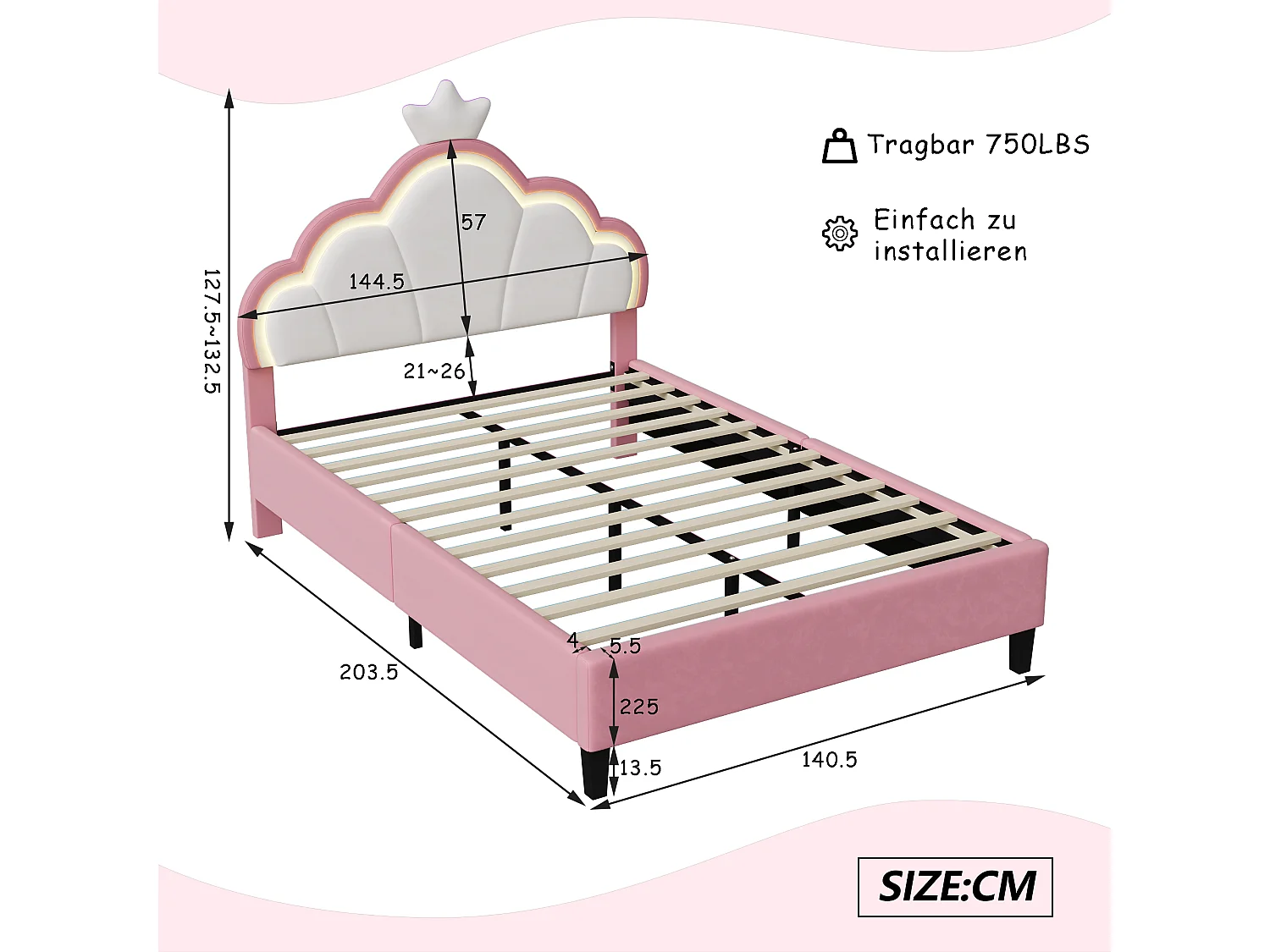 Lit 140x200 cm - lit enfant 140x200 cm - lit double 140 x200 cm - lit fille 140x200 cm avec LED - lit 140x200 cm tissu en velours - blanc et rose