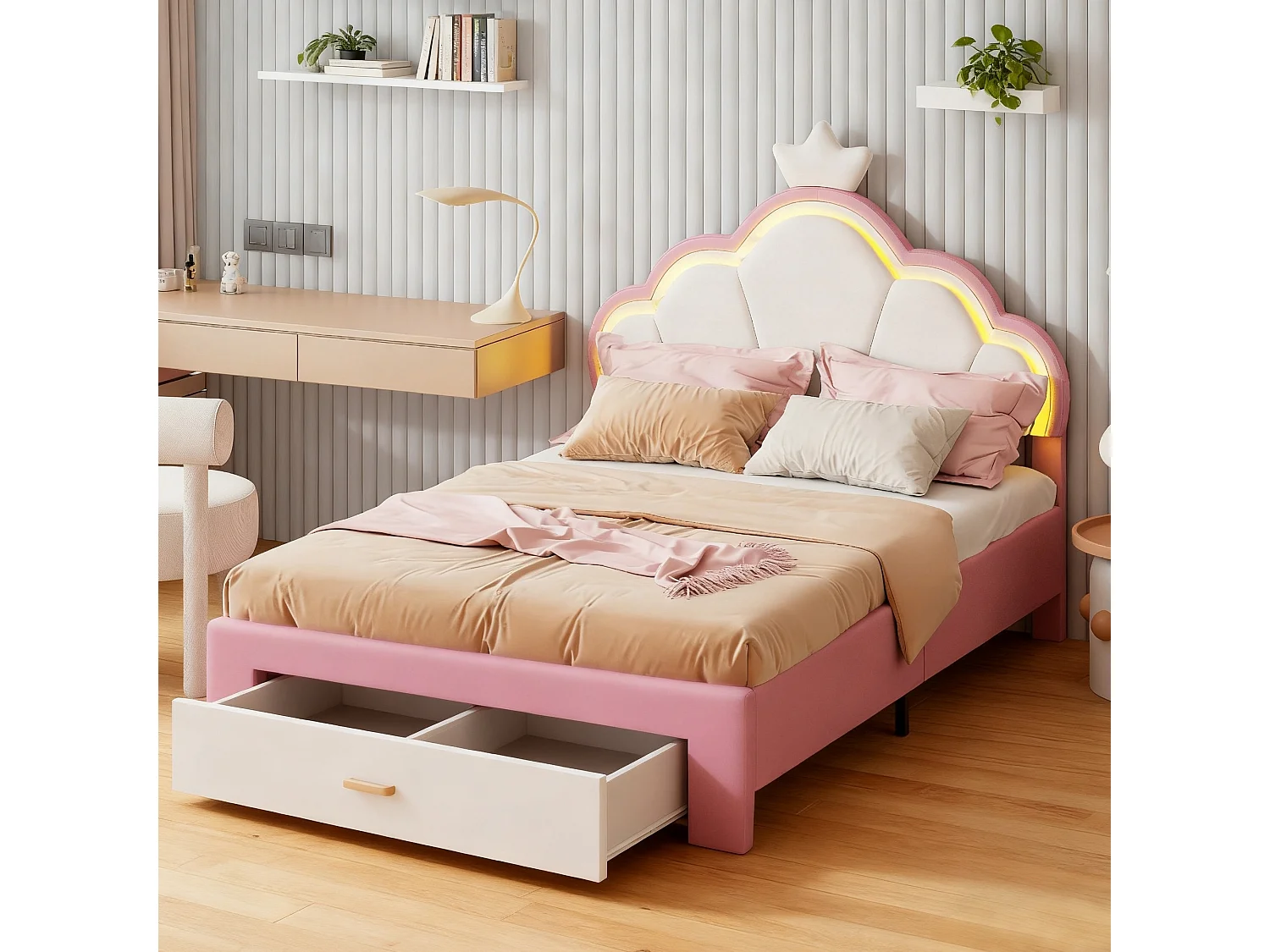 Lit enfant 140x200 cm avec sommier à lattes - lit double 140x200 cm - lit fille 140x200 cm avec LED - lit 140x200 cm tissu en velours - blanc et rose