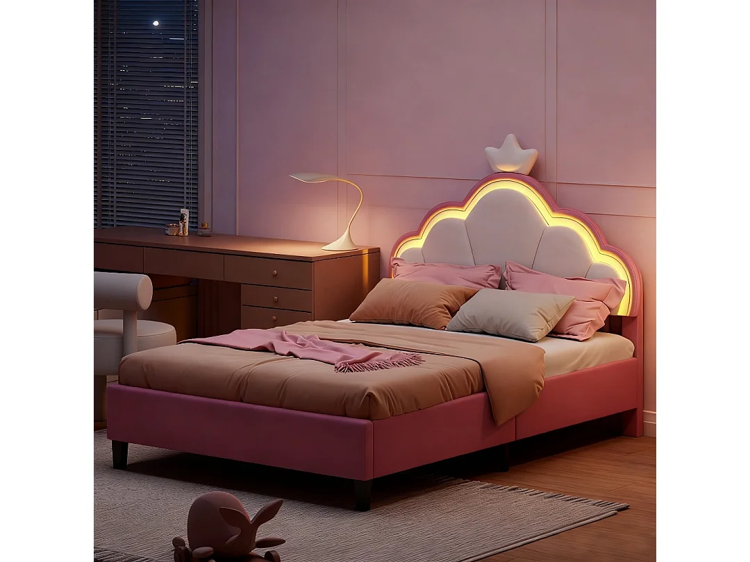 Lit enfant 140x200 cm avec sommier à lattes - lit double 140x200 cm - lit fille 140x200 cm avec LED - lit 140x200 cm tissu en velours - blanc et rose