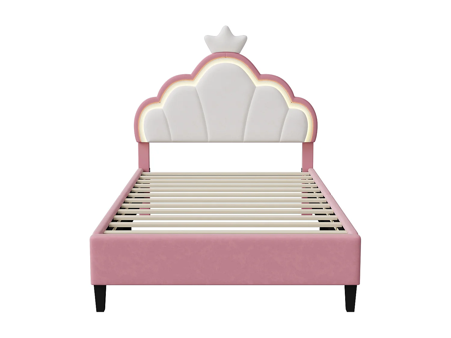 Lit enfant 140x200 cm avec sommier à lattes - lit double 140x200 cm - lit fille 140x200 cm avec LED - lit 140x200 cm tissu en velours - blanc et rose