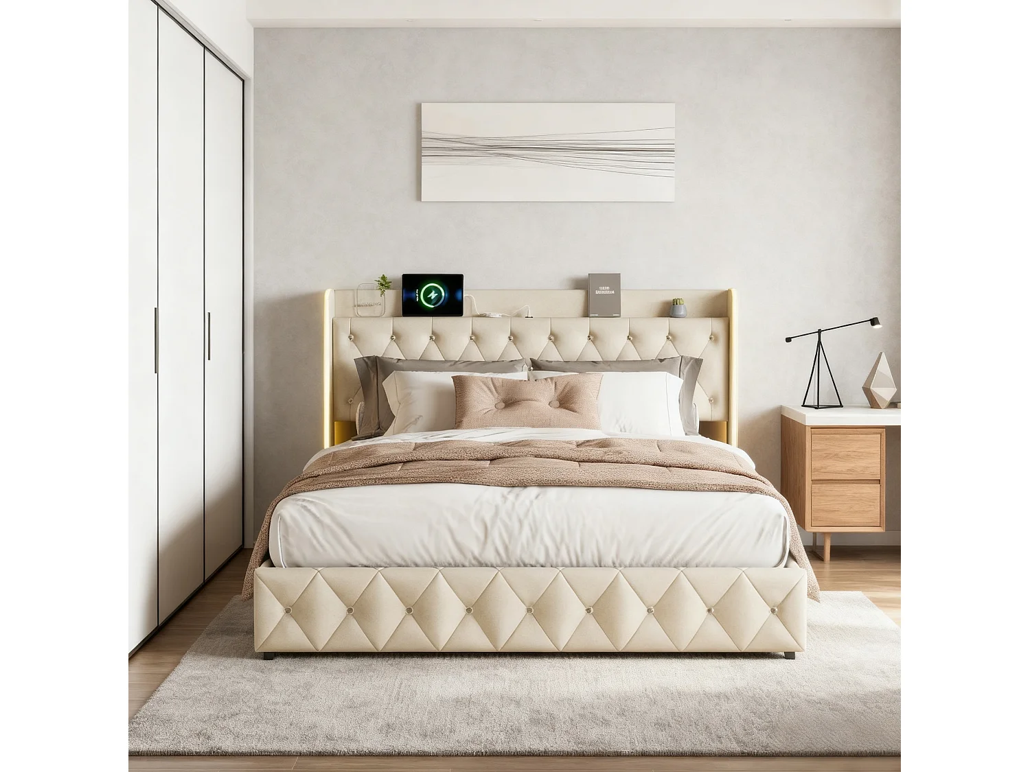 Lit coffre 140x200 cm avec sommier à lattes - lit adulte 140x200 cm avec LED et USB - lit double 140x200 rangement soldes - tissu en velours - beige