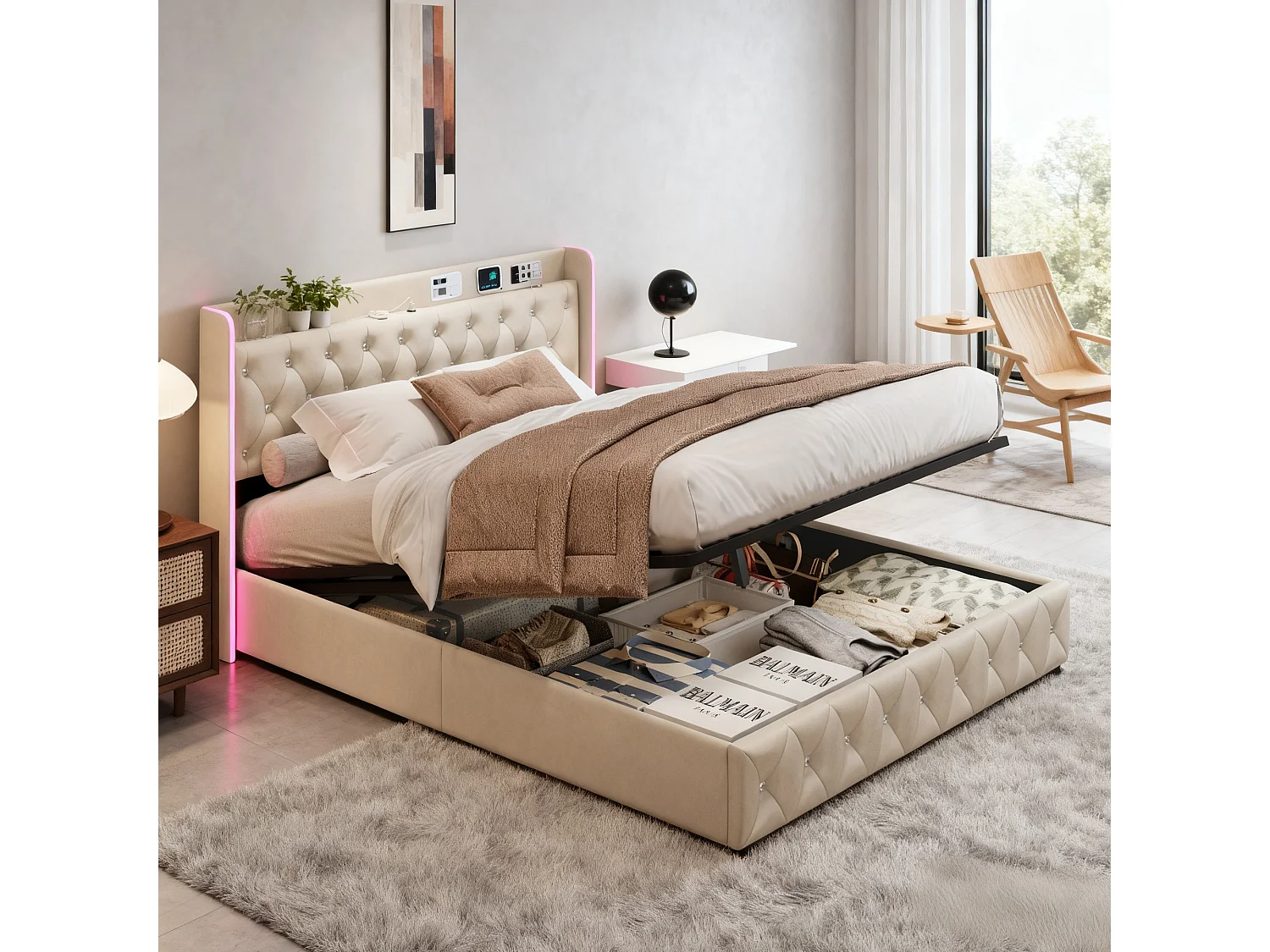 Lit coffre 140x200 cm avec sommier à lattes - lit adulte 140x200 cm avec LED et USB - lit double 140x200 rangement soldes - tissu en velours - beige