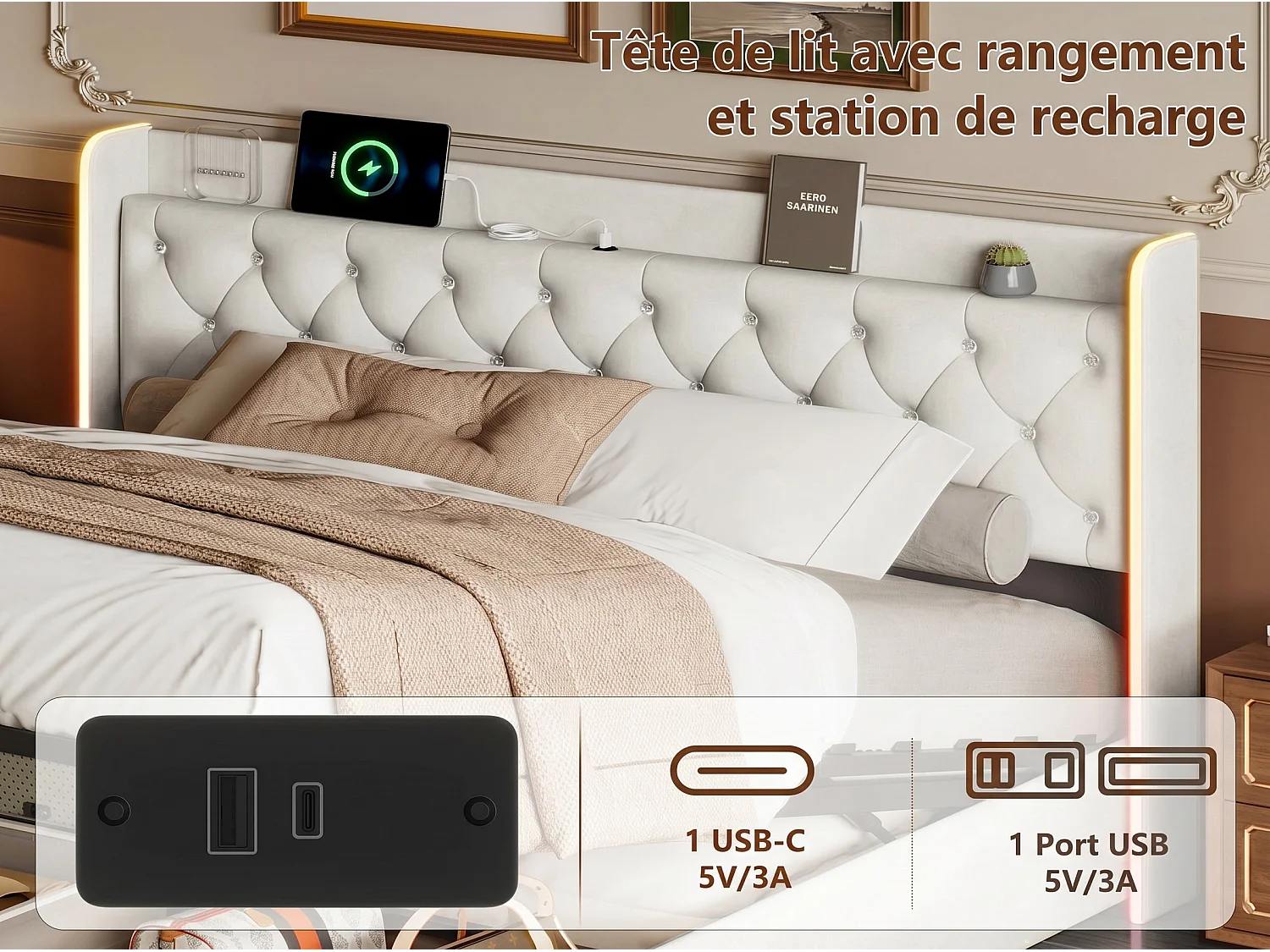 Lit coffre 140 x 200 cm - Lit double adulte avec sommier à lattes, rangement, LED et port USB - tissu velours beige