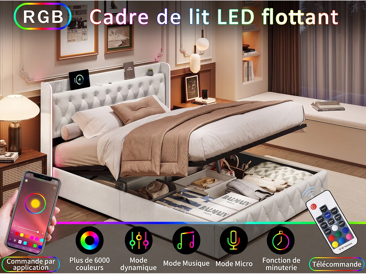 Lit coffre 140 x 200 cm - Lit double adulte avec sommier à lattes, rangement, LED et port USB - tissu velours beige
