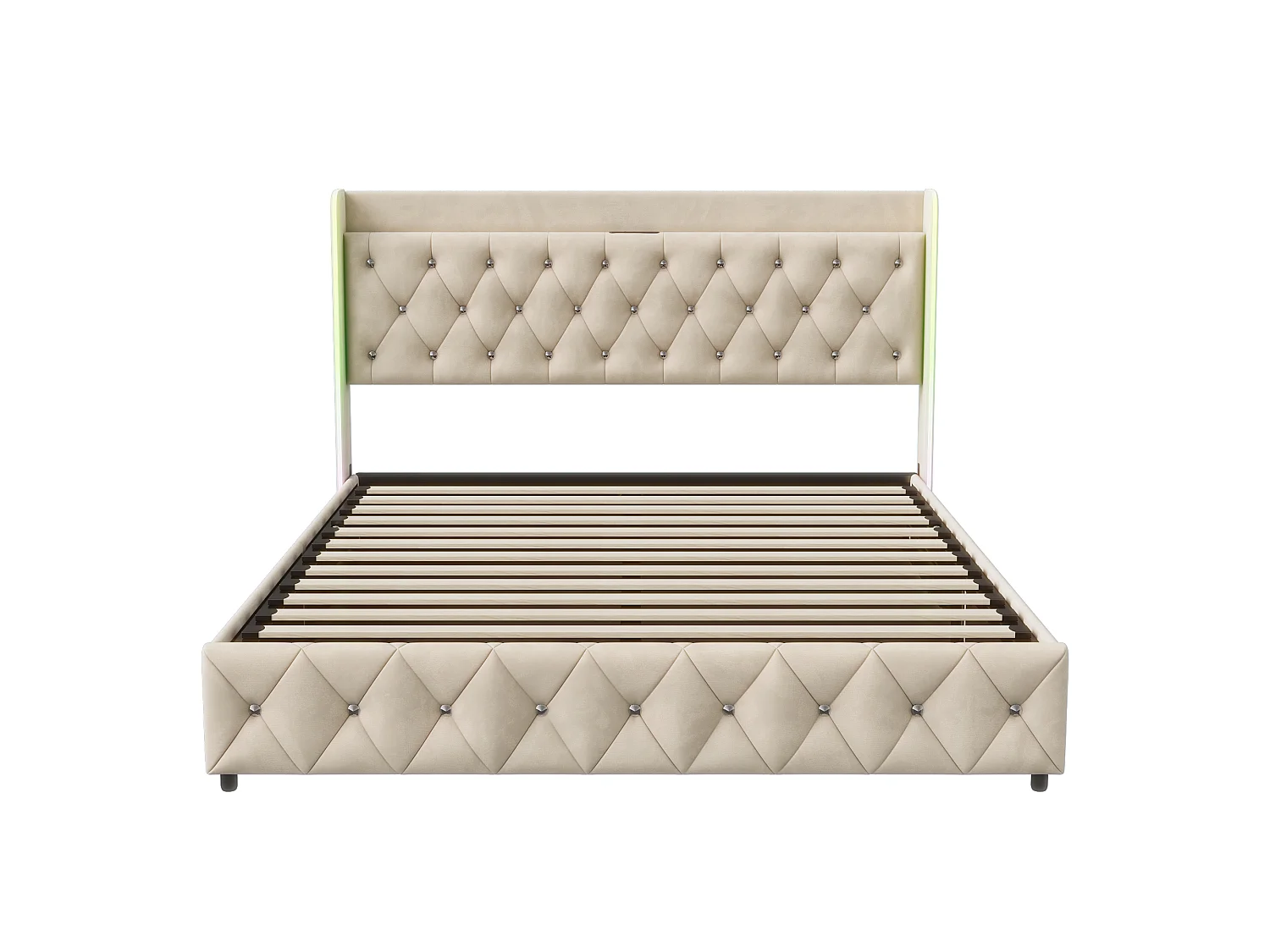 Lit coffre 140 x 200 cm - Lit double adulte avec sommier à lattes, rangement, LED et port USB - tissu velours beige