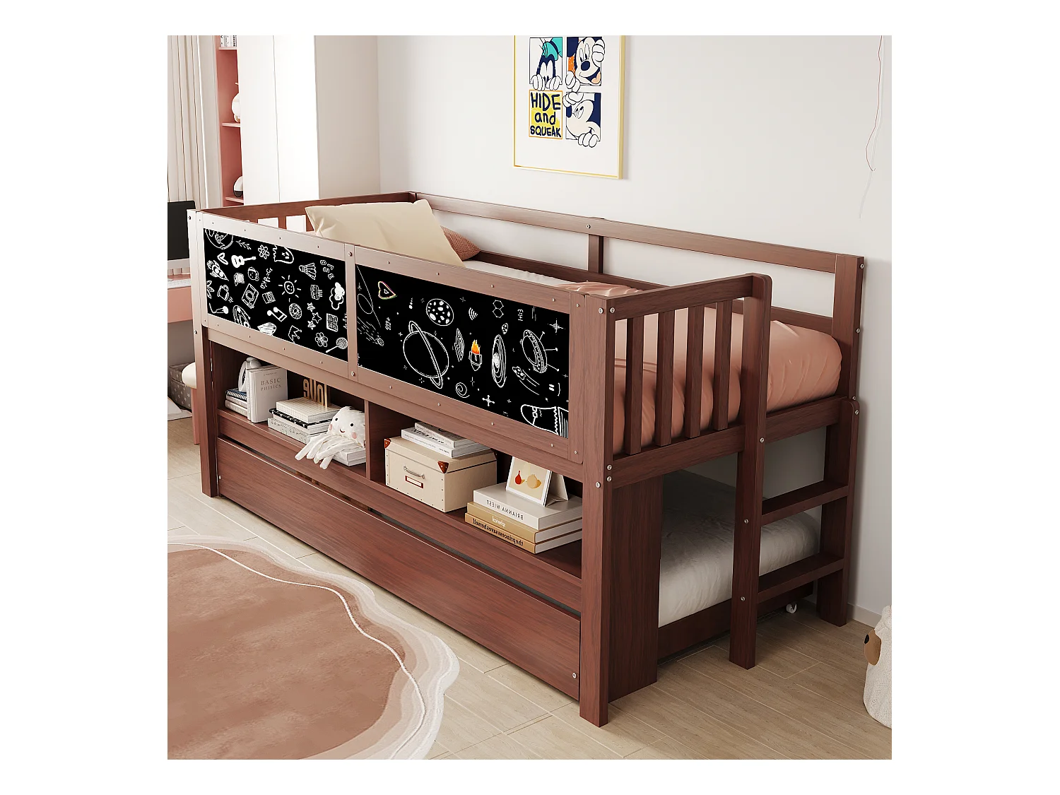 Lit mi hauteur enfant - 90 x 200 - avec lit gigogne 90 x 190 cm - avec tableau + rangement ouvert - bois - marron