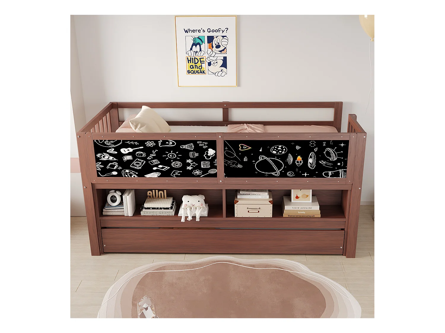 Lit mi hauteur enfant - 90 x 200 - avec lit gigogne 90 x 190 cm - avec tableau + rangement ouvert - bois - marron