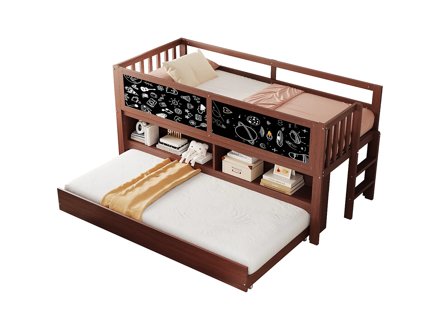 Lit mi hauteur enfant - 90 x 200 - avec lit gigogne 90 x 190 cm - avec tableau + rangement ouvert - bois - marron