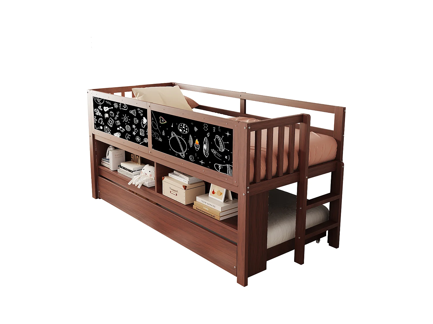 Lit mi hauteur enfant - 90 x 200 - avec lit gigogne 90 x 190 cm - avec tableau + rangement ouvert - bois - marron