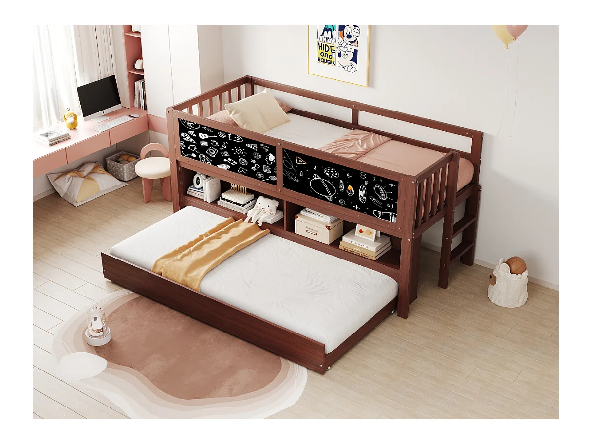 Lit mi hauteur enfant - 90 x 200 - avec lit gigogne 90 x 190 cm - avec tableau + rangement ouvert - bois - marron