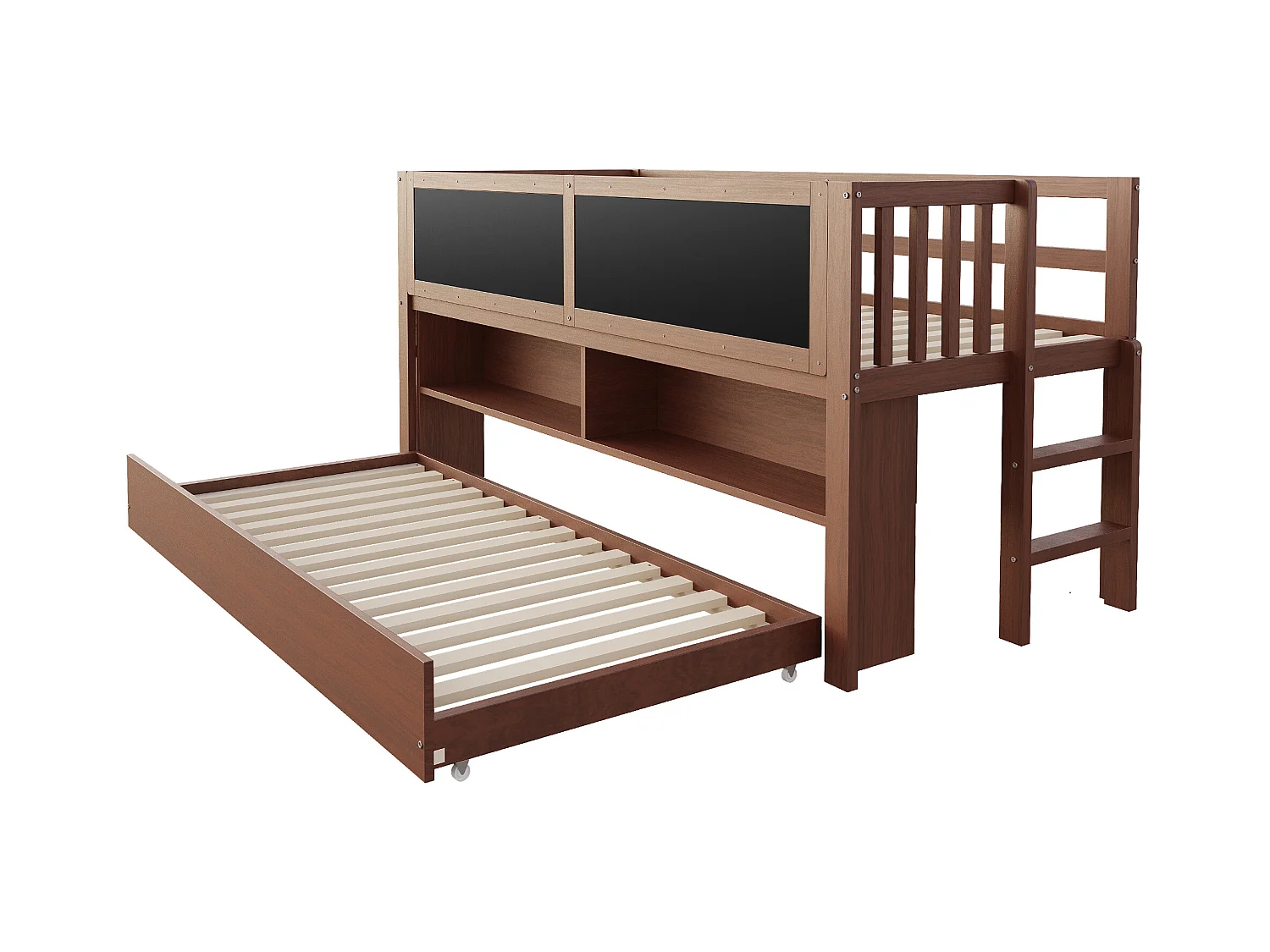 Lit mi hauteur enfant - 90 x 200 - avec lit gigogne 90 x 190 cm - avec tableau + rangement ouvert - bois - marron