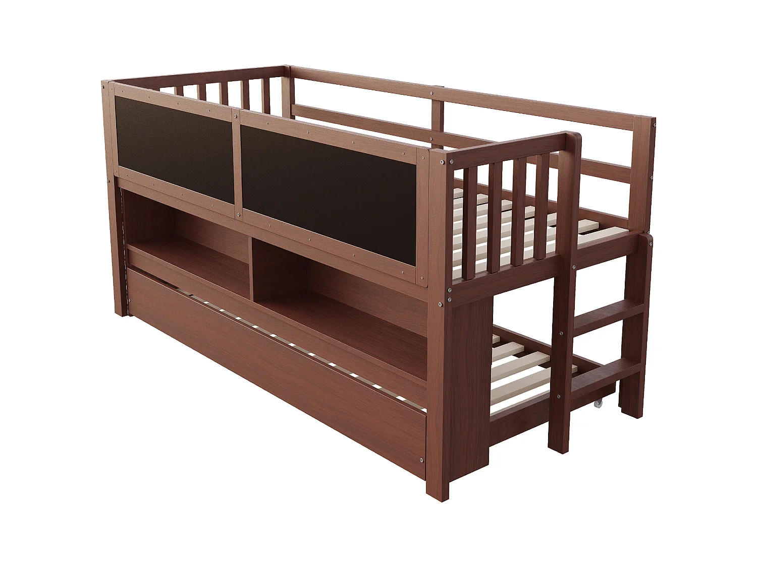 Lit mi hauteur enfant - 90 x 200 - avec lit gigogne 90 x 190 cm - avec tableau + rangement ouvert - bois - marron