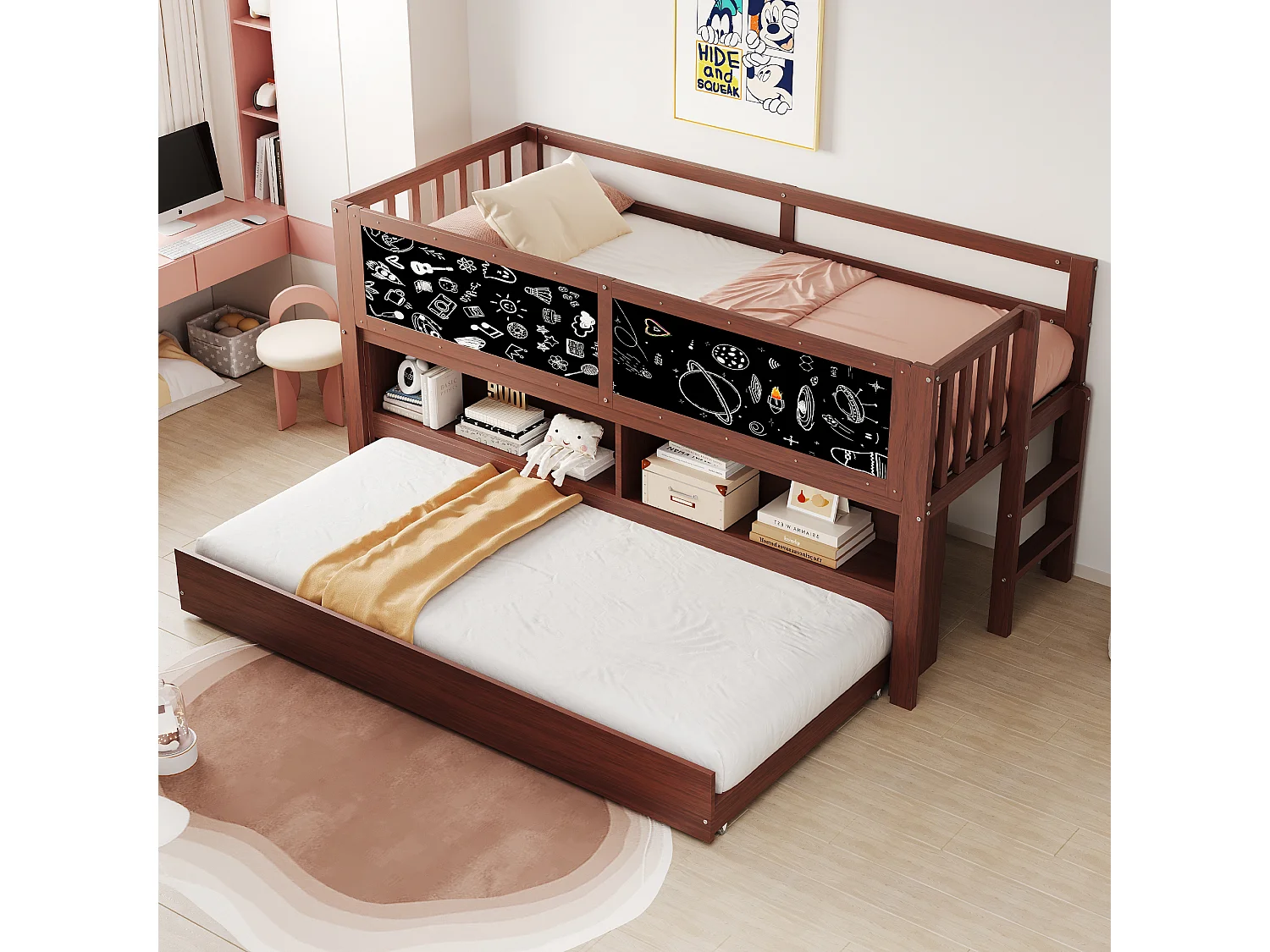 Kinder-Halbhochbett - 90 x 200 - mit Ausziehbett 90 x 190 cm - mit Bild + offenem Stauraum - Holz - Braun