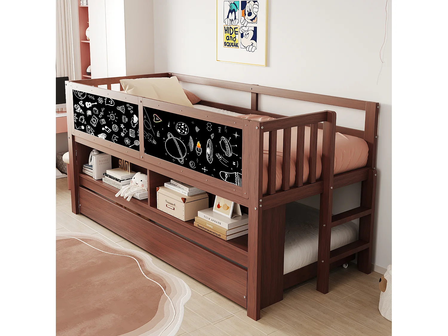 Kinder-Halbhochbett - 90 x 200 - mit Ausziehbett 90 x 190 cm - mit Bild + offenem Stauraum - Holz - Braun