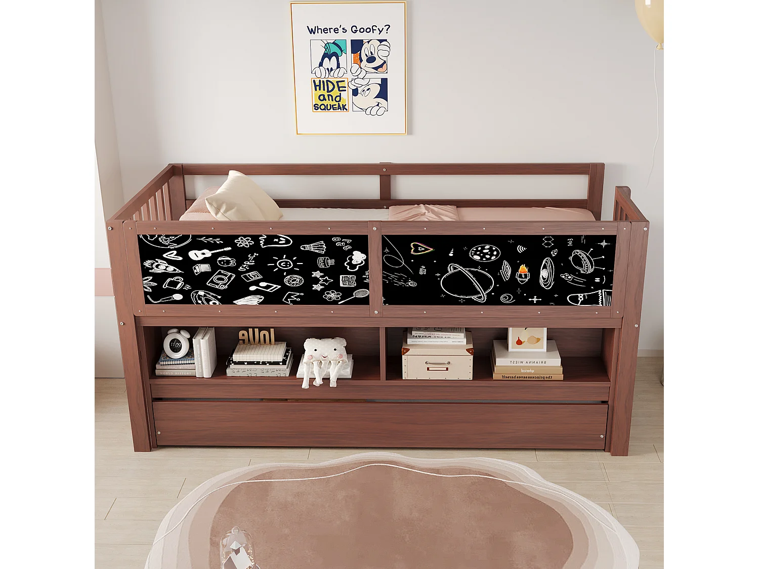 Kinder-Halbhochbett - 90 x 200 - mit Ausziehbett 90 x 190 cm - mit Bild + offenem Stauraum - Holz - Braun