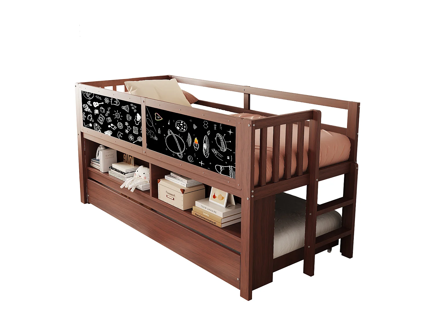 Kinder-Halbhochbett - 90 x 200 - mit Ausziehbett 90 x 190 cm - mit Bild + offenem Stauraum - Holz - Braun