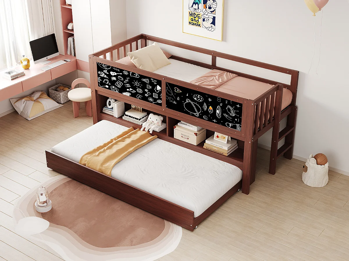 Kinder-Halbhochbett - 90 x 200 - mit Ausziehbett 90 x 190 cm - mit Bild + offenem Stauraum - Holz - Braun