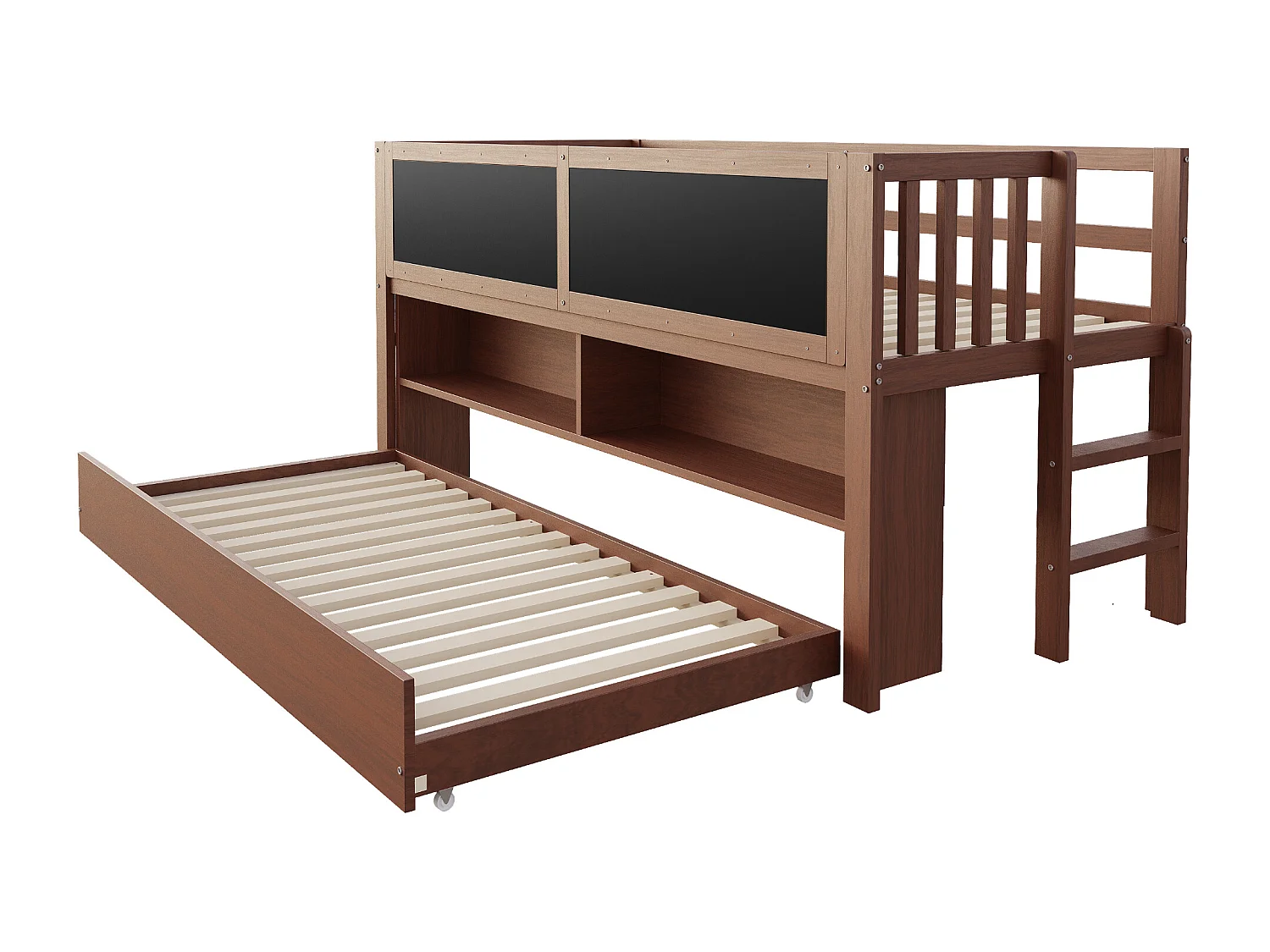 Kinder-Halbhochbett - 90 x 200 - mit Ausziehbett 90 x 190 cm - mit Bild + offenem Stauraum - Holz - Braun