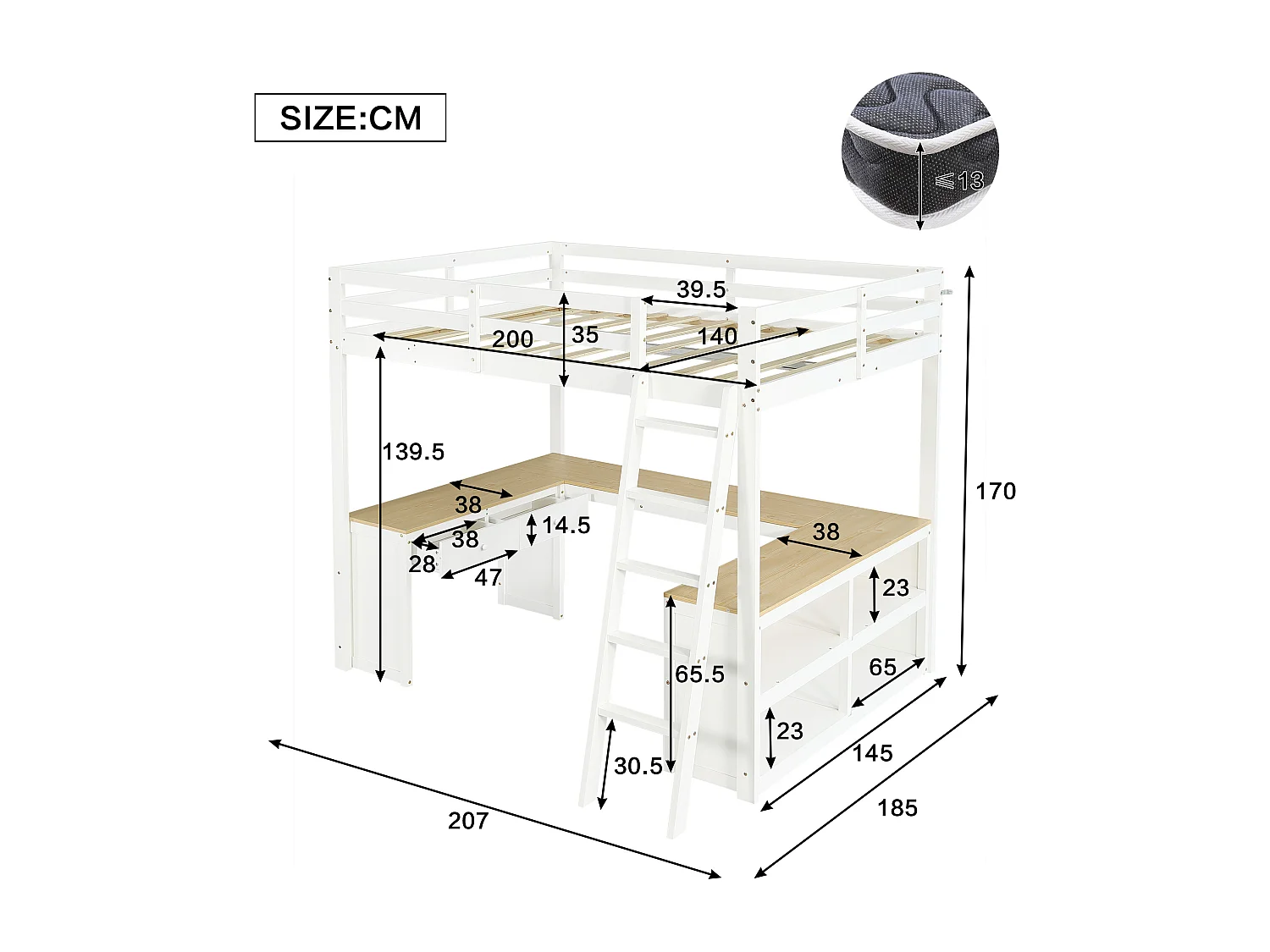 Kinderhochbett - 140 x 200 cm - mit langem U-Tisch + 2 Schubladen und Regal - Kiefer + MDF - Weiß + Natur