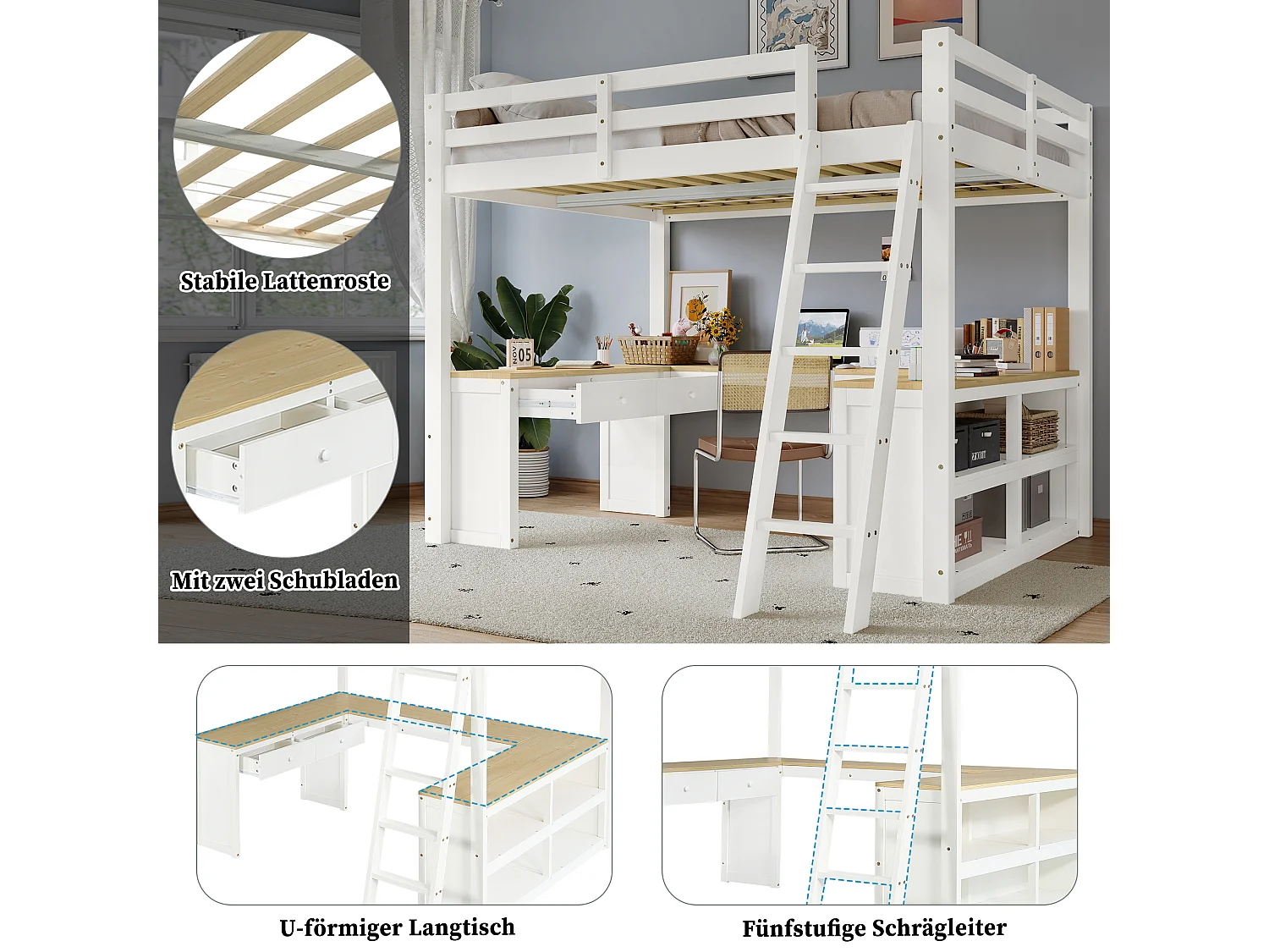 Kinderhochbett - 140 x 200 cm - mit langem U-Tisch + 2 Schubladen und Regal - Kiefer + MDF - Weiß + Natur