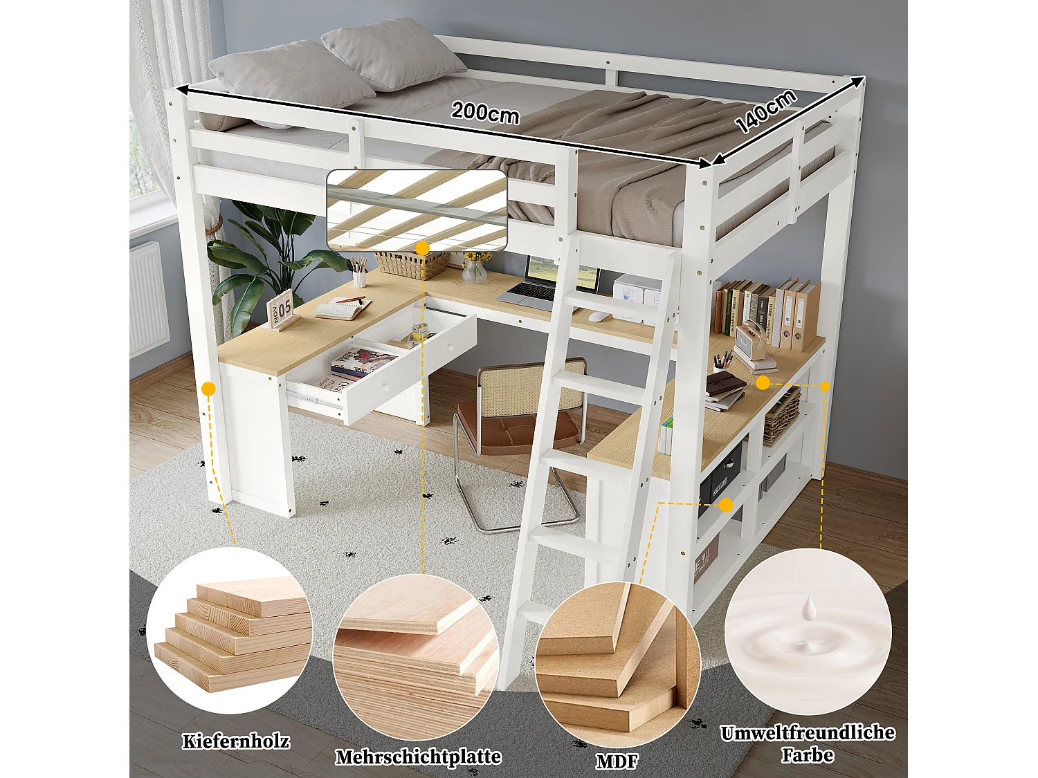 Kinderhochbett - 140 x 200 cm - mit langem U-Tisch + 2 Schubladen und Regal - Kiefer + MDF - Weiß + Natur