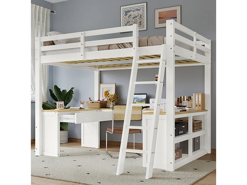 Kinderhochbett - 140 x 200 cm - mit langem U-Tisch + 2 Schubladen und Regal - Kiefer + MDF - Weiß + Natur