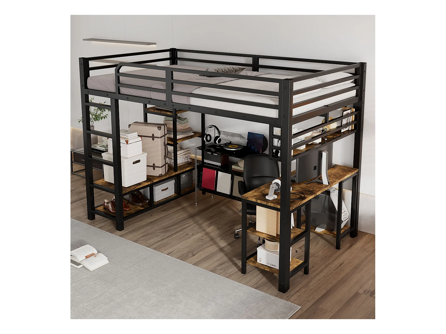 Lit mezzanine en fer - 120 x 200 cm - avec bureau + rangement - sommier à lattes - fer + aggloméré - noir