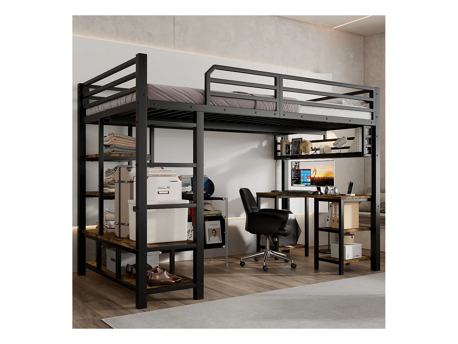 Lit mezzanine en fer - 120 x 200 cm - avec bureau + rangement - sommier à lattes - fer + aggloméré - noir