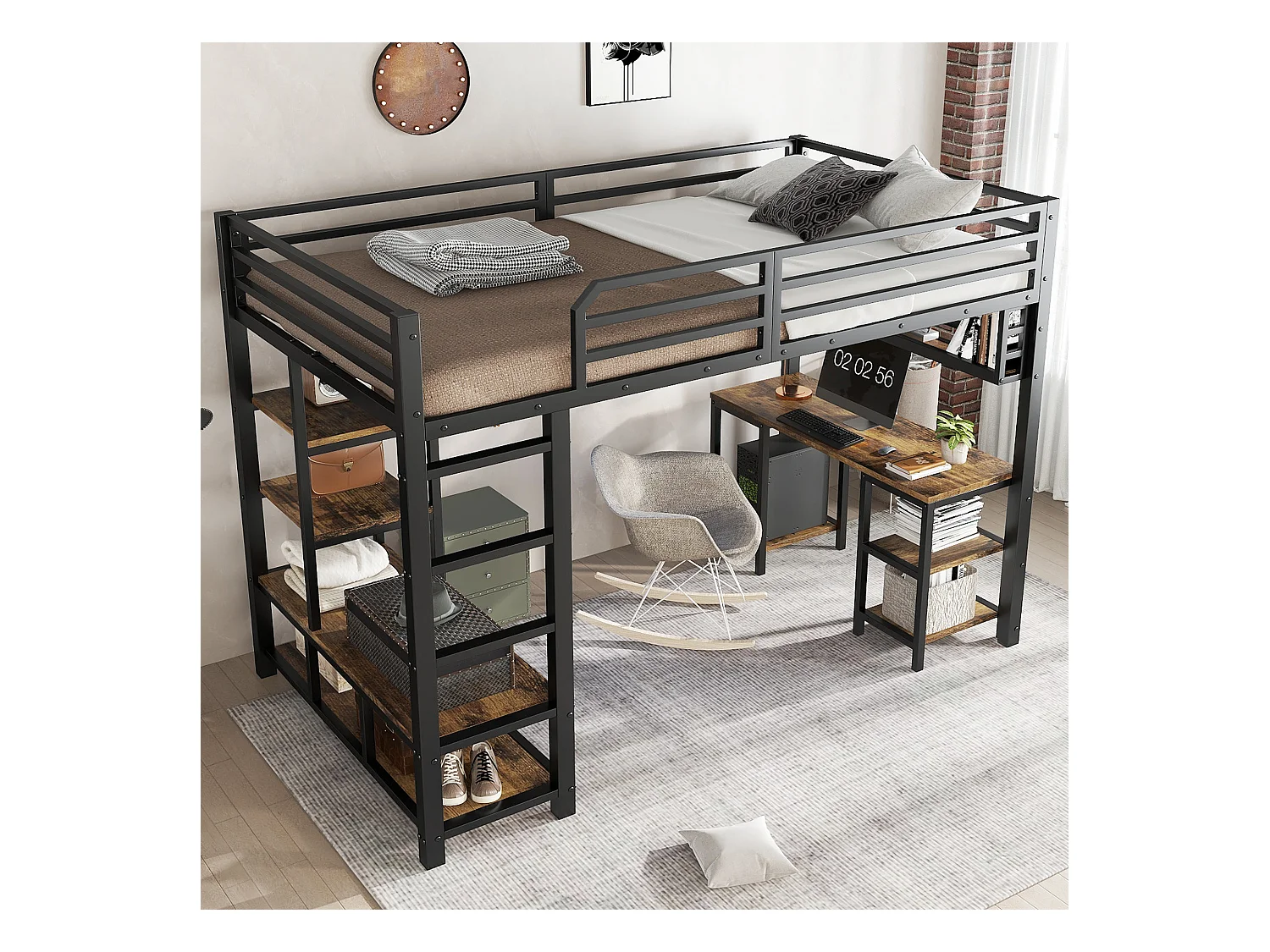 Lit mezzanine en fer - 120 x 200 cm - avec bureau + rangement - sommier à lattes - fer + aggloméré - noir