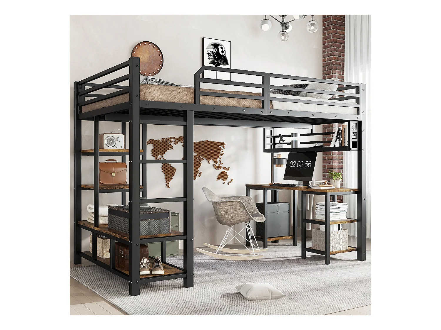 Lit mezzanine en fer - 120 x 200 cm - avec bureau + rangement - sommier à lattes - fer + aggloméré - noir