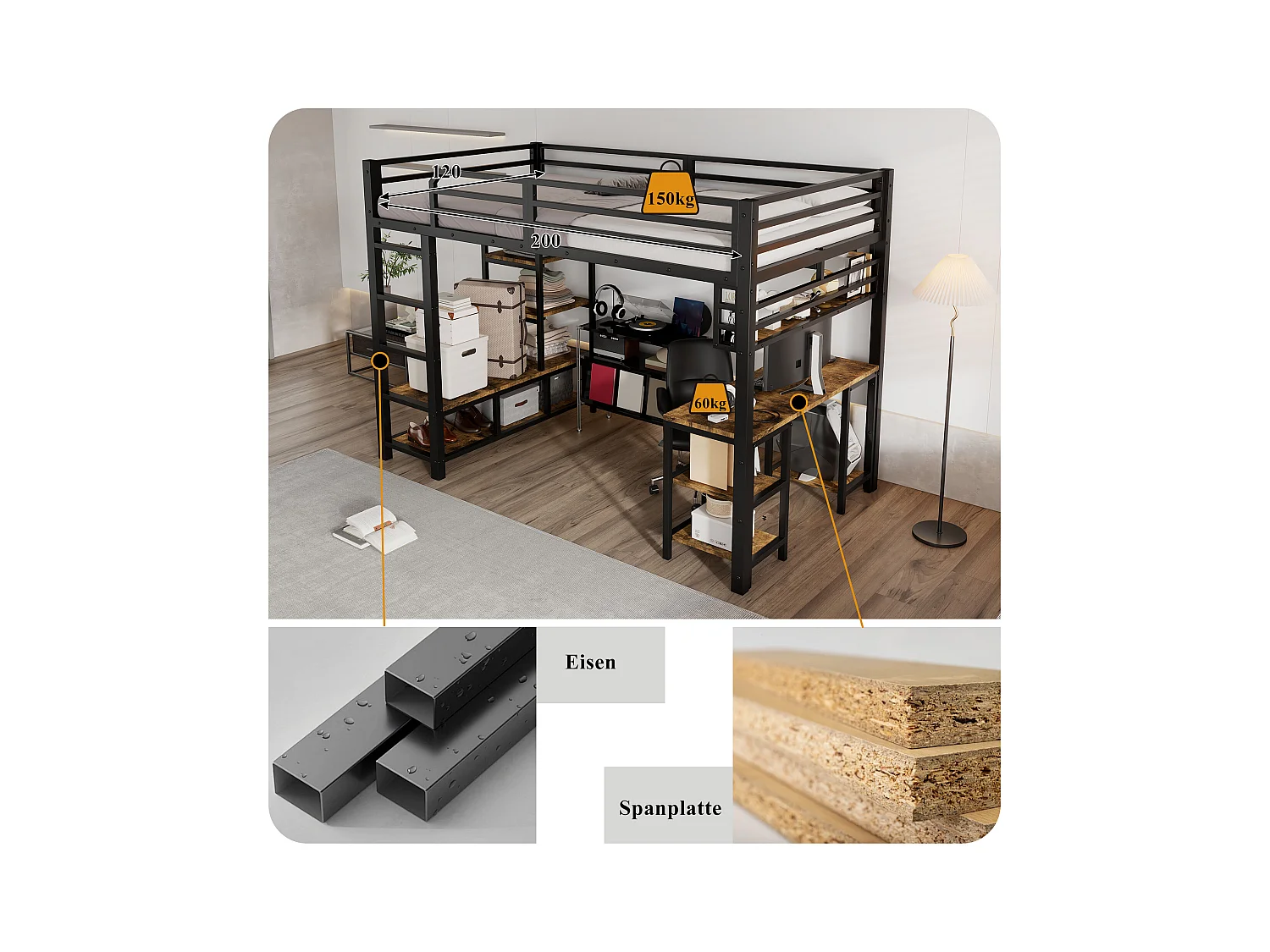 Lit mezzanine en fer - 120 x 200 cm - avec bureau + rangement - sommier à lattes - fer + aggloméré - noir