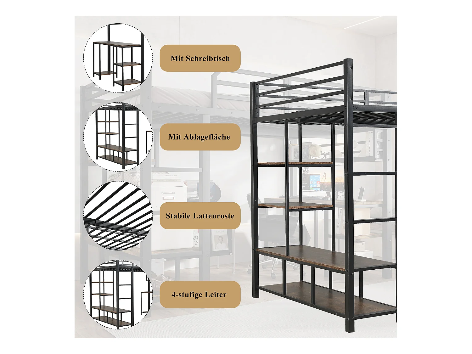 Lit mezzanine en fer - 120 x 200 cm - avec bureau + rangement - sommier à lattes - fer + aggloméré - noir