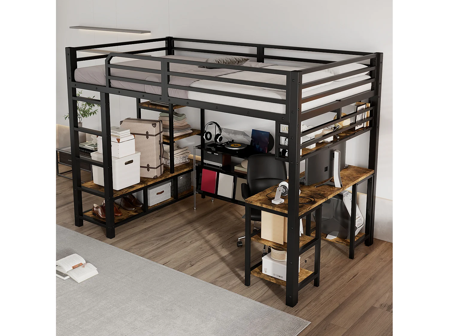 Lit mezzanine en fer - 120 x 200 cm - avec bureau + rangement - sommier à lattes - fer + aggloméré - noir