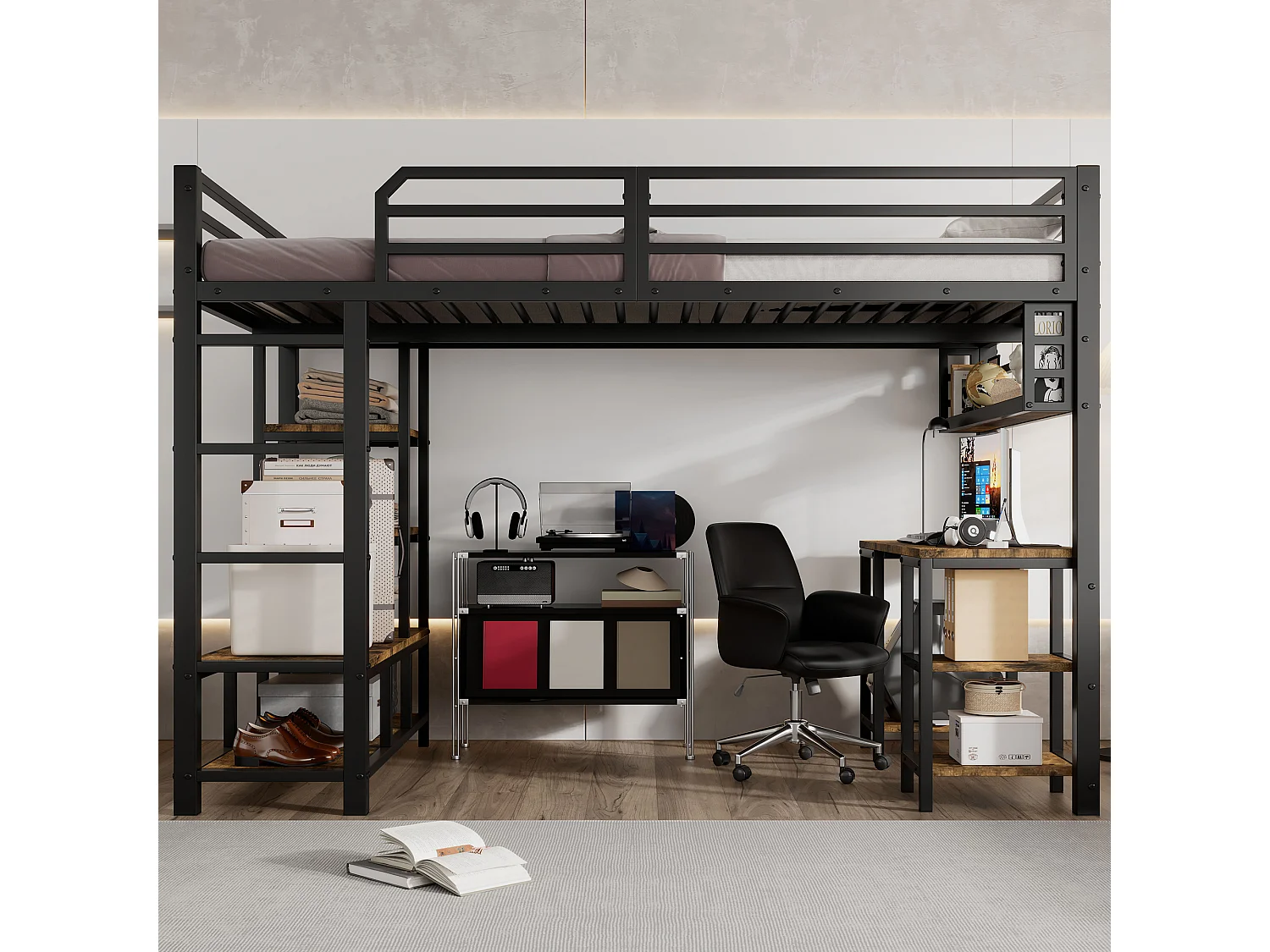 Lit mezzanine en fer - 120 x 200 cm - avec bureau + rangement - sommier à lattes - fer + aggloméré - noir