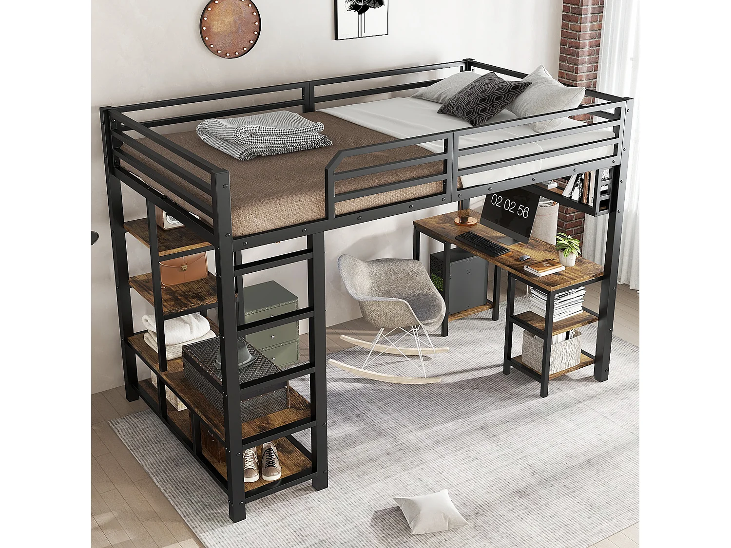 Lit mezzanine en fer - 120 x 200 cm - avec bureau + rangement - sommier à lattes - fer + aggloméré - noir