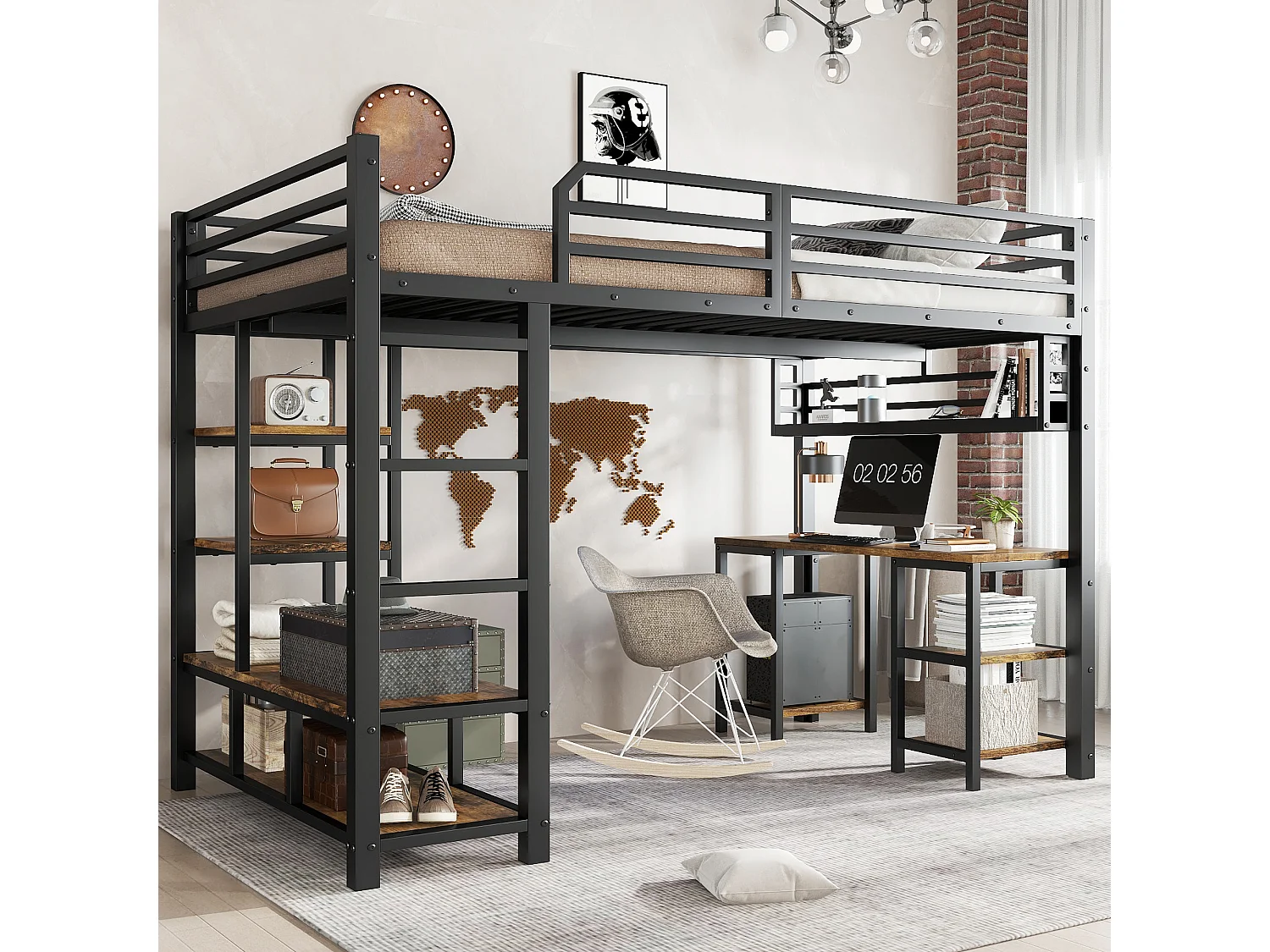 Lit mezzanine en fer - 120 x 200 cm - avec bureau + rangement - sommier à lattes - fer + aggloméré - noir